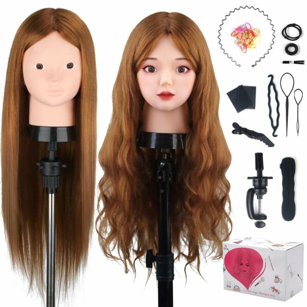 Beauty Star 23.5 inch 80% Real Human Hair Training Head Cosmetology Make-up Hairdressing Mannequin Manikin Doll Head with Table Clamp Holder + DIY Hair Styling Braid Set, Light Brown