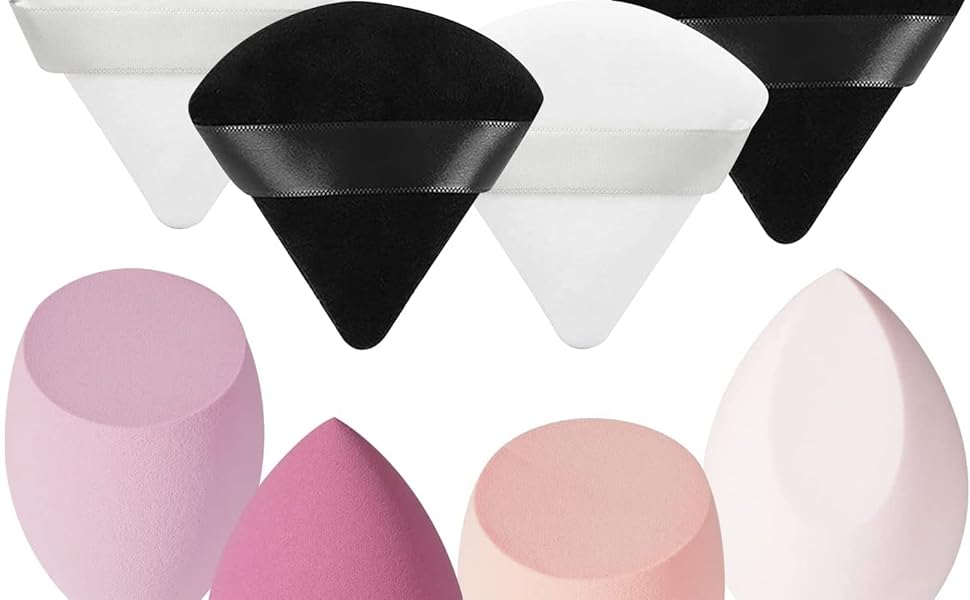 COSLUXE 4 Pcs Makeup Sponge Beauty Blender with Egg Case with 4 Pcs Powder Puff Triangle