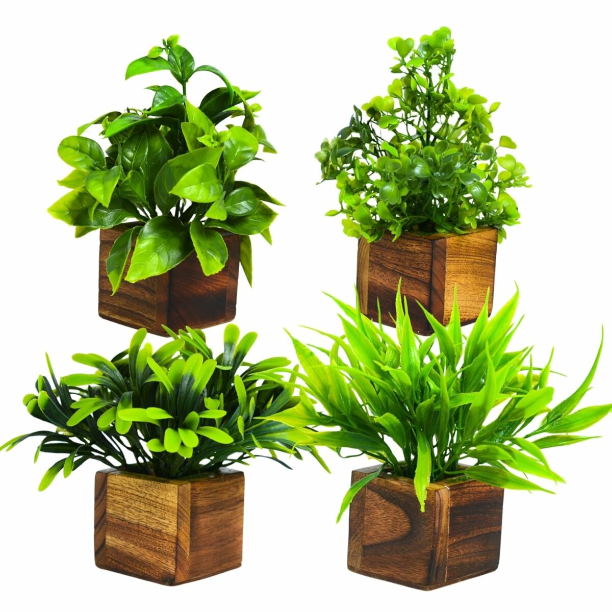 DecoreBugs Plastic Potted Artificial Plant In Wooden Pot (4 Pack) Eucalyptus Plants Small Plants For Home Decor|Office Decor|Db-8149