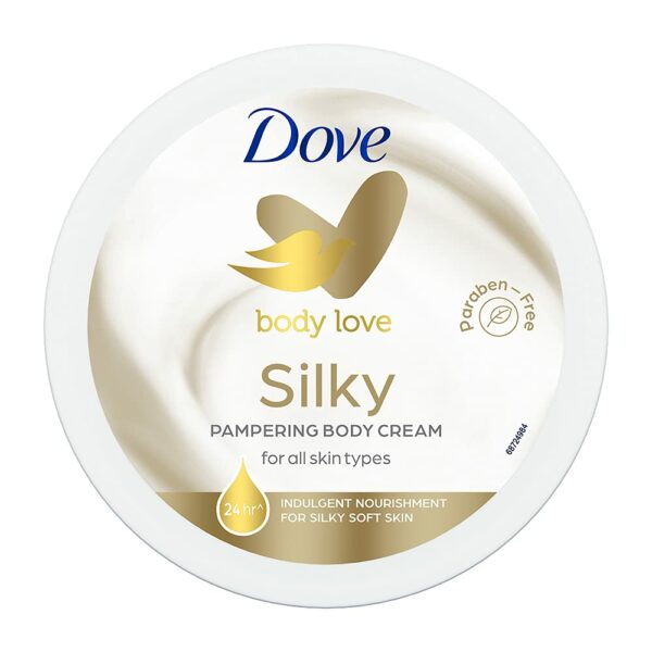 Dove Body Love Silky Pampering Body Cream For All Skin Types Paraben Free, 24hrs Moisturisation With Plant based Moisturiser Silky Soft Skin 300g