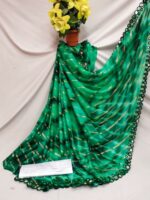 Dream Crushers Georgette Fancy Printed Sarees For Women With Mirror Work Lace Border & Solid Unstitched Blouse Most beautiful collectionFabric With ari digli work Blouse saree