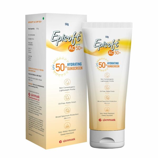 Episoft AC SPF 50 Hydrating Sunscreen PA++++ | Lightweight Non-Greasy and Non-Sticky | Matte Finish and Oil Free Formula | UVA & UVB Protection | Water Resistant, Non Comedogenic | Clinically Proven