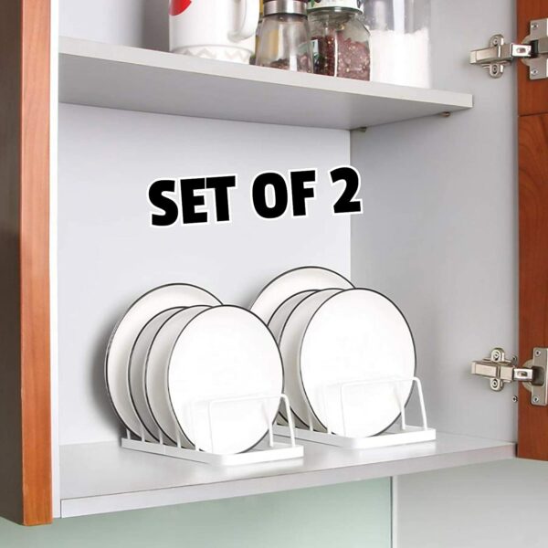 Everline - Square Plate Rack/Floor Mount Dish Stand/Utensil Rack/Lid Holder For Kitchen Shelves - 5 Section (Metal,Pack Of 2 White)