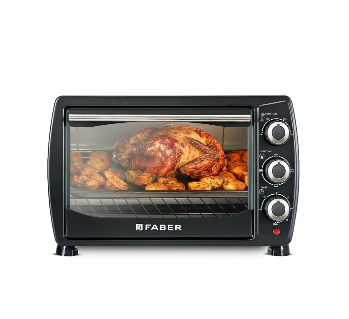 Faber 20 liter 1400 Watts OTG|Bake, Toast, Grill|4 Stage Functions, Upper & Lower Heating|Cool-Touch Handle, Heat Resistant Glass, Indicator Light, Auto-Shut, Ready Bell|Removable Crumb Tray|(Black)