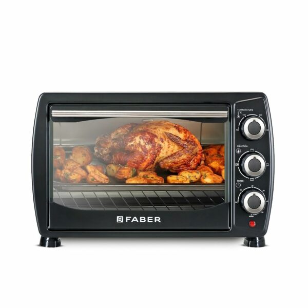 Faber 20 liter 1400 Watts OTG|Bake, Toast, Grill|4 Stage Functions, Upper & Lower Heating|Cool-Touch Handle, Heat Resistant Glass, Indicator Light, Auto-Shut, Ready Bell|Removable Crumb Tray|(Black)