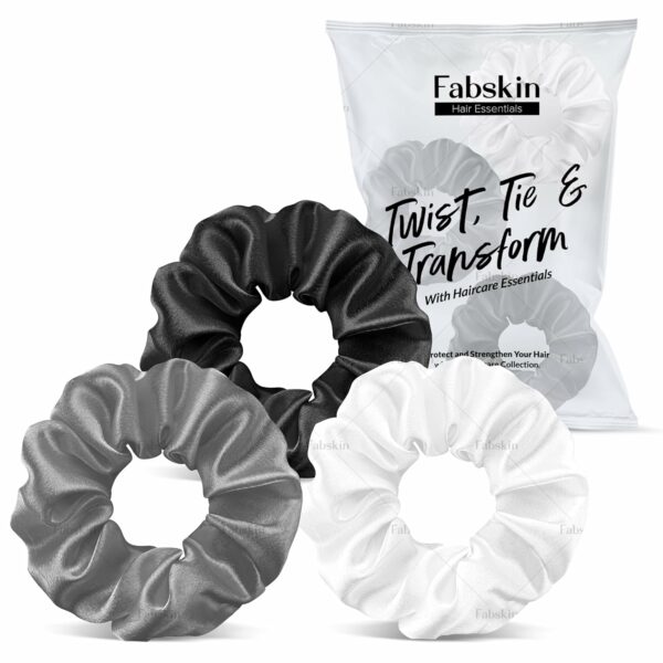 Fabskin Luxury Satin Scrunchies For Women and Girls | Stylish & Cute Hair Accessories Ties Scrunchies Ponytail Holders | Pack Of 3 (Black, White & Grey)