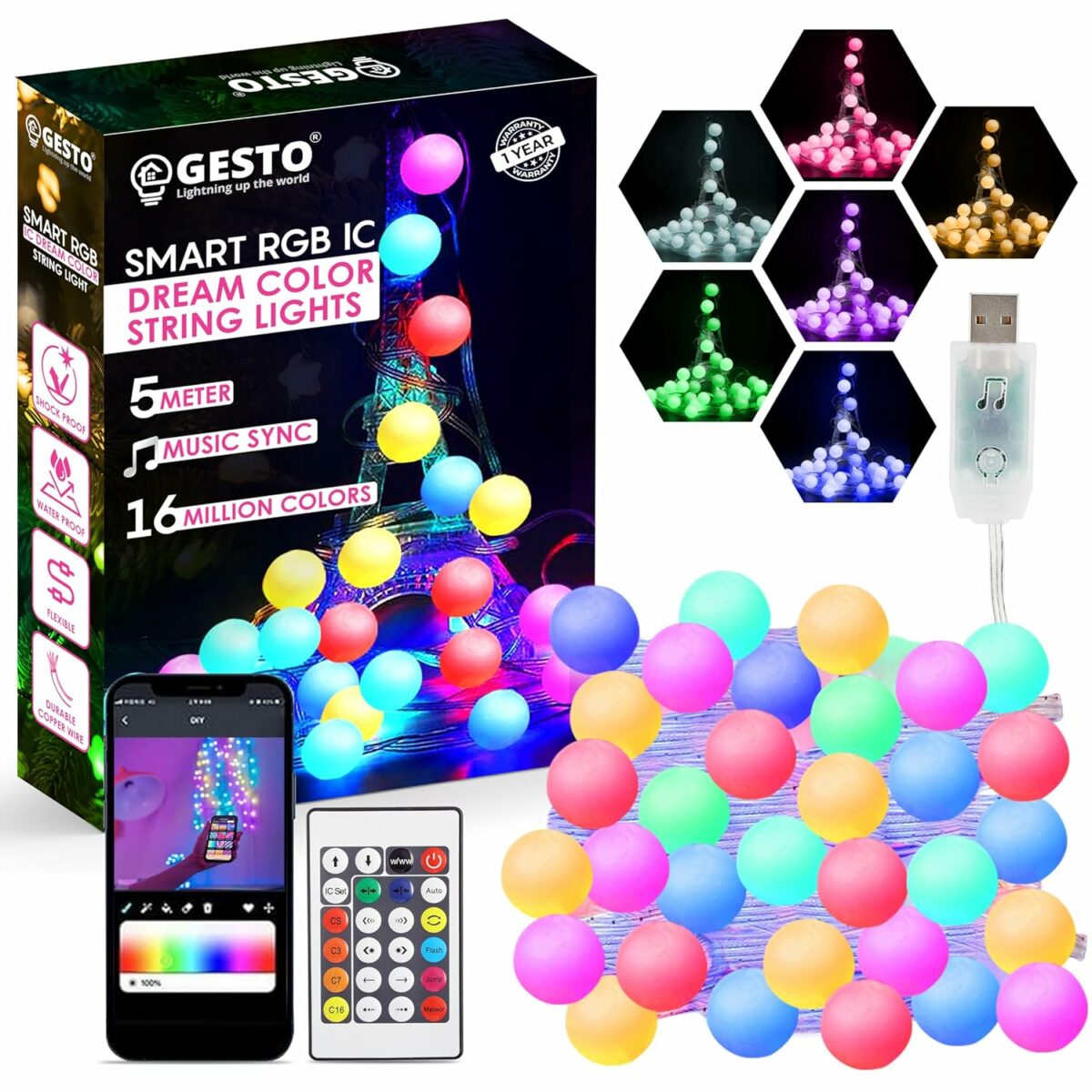 Gesto 5V Ball Shape Serial String Lights - USB Smart Music Sync Led Lights with Remote and App Control,RGB Color Changing Fairy Lights for Room,Home Decor,Diwali Decoration,Christmas(5 Meter, 33 Led)