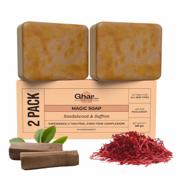 Ghar Soaps Sandalwood & Saffron Magic Soaps For Bath (100 Gms Pack Of 2) | Paraben Free | Chandan & Kesar Bath Soap | Handmade Soaps For Glowing | Skin Brightening Soap For Men & Women