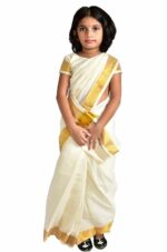 Girl's Kasavu Cotton Saree With Blouse Piece (kids saree5-6_Off, White)