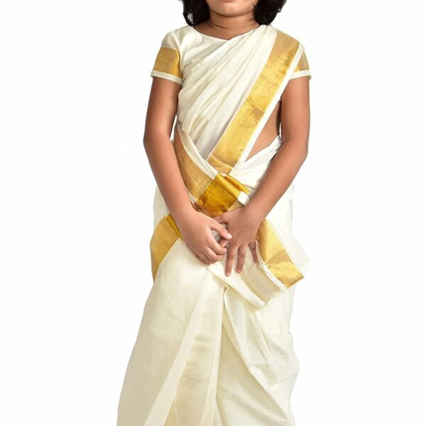 Girl's Kasavu Cotton Saree With Blouse Piece (kids saree5-6_Off, White)