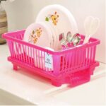 Heart Home 3 in 1 Large Durable Plastic Kitchen Sink Dish Rack Drainer Drying Rack Washing Basket (Pink)-HEART10736