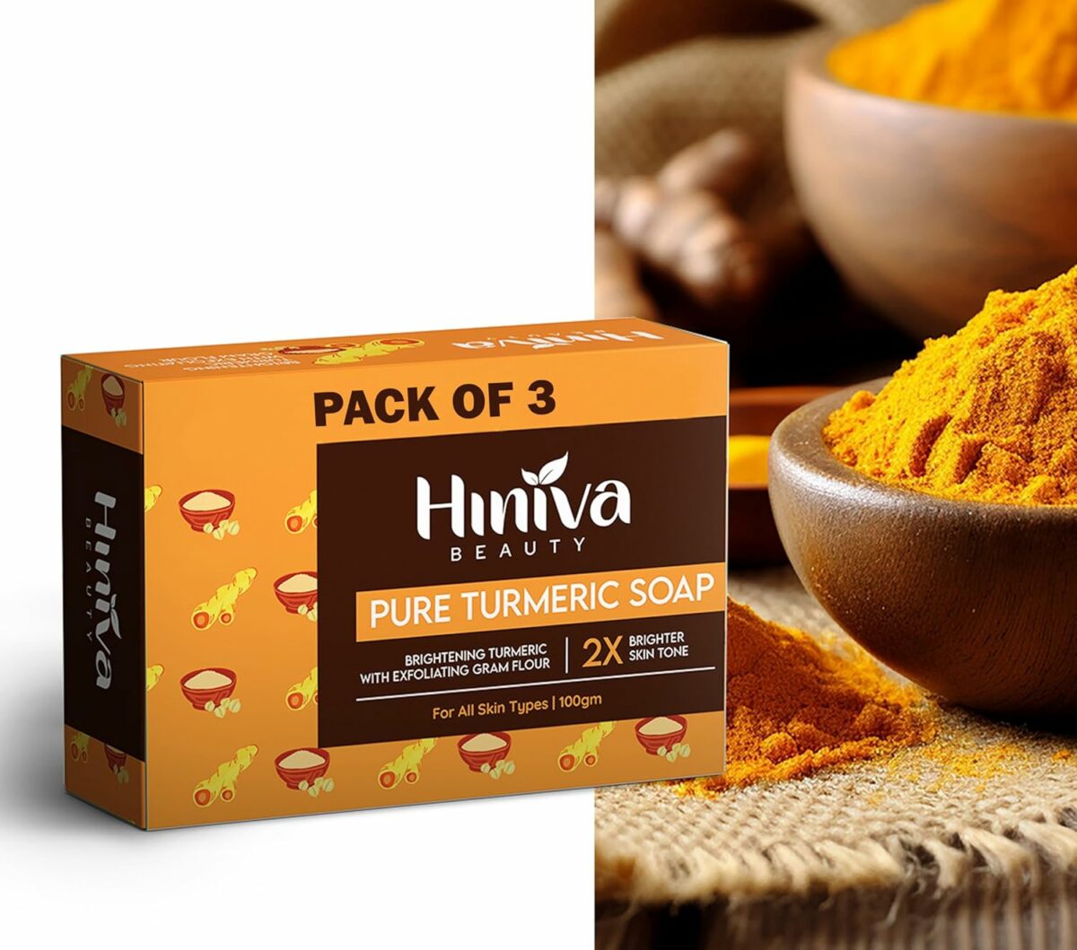 Hiniva Beauty® 100% Organic Handmade Beauty BRIGHTENING TURMERIC WITH EXFOLIATING GRAM FLOUR - Moisturizing & Rich Nourishment Soap, Paraben Free Soap - Pack of 3