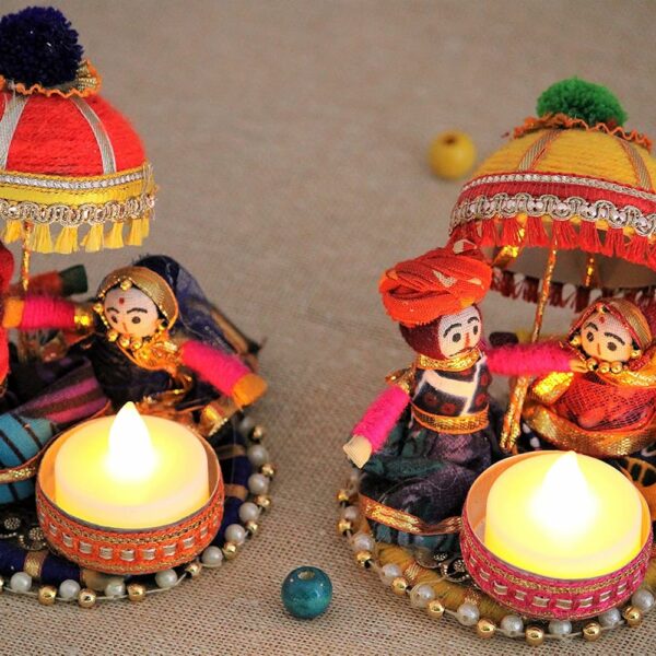 JH Gallery Recycled Material Rajasthani Raja Rani Puppet | Dolls Decorative Tealight Candle Holder | Diwali Decoration Items for Home Decor | Tea Light Candle Holder(Pack of 2)