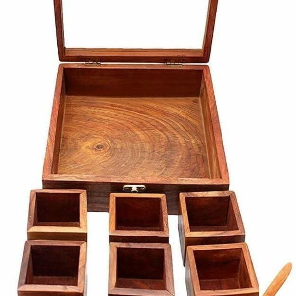 KARAFT WILA Spice Box With 2 Spoon (Sheesham Wood) Spice Box For Kitchen/Masala Box For Kitchen/Masala Wooden Box For Kitchen/Decorative Handmade Masala Dabba Organizer 9 Containers.