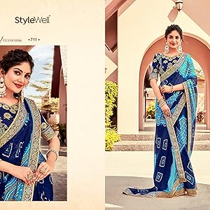 blue bandhni saree for women lace border saree sari