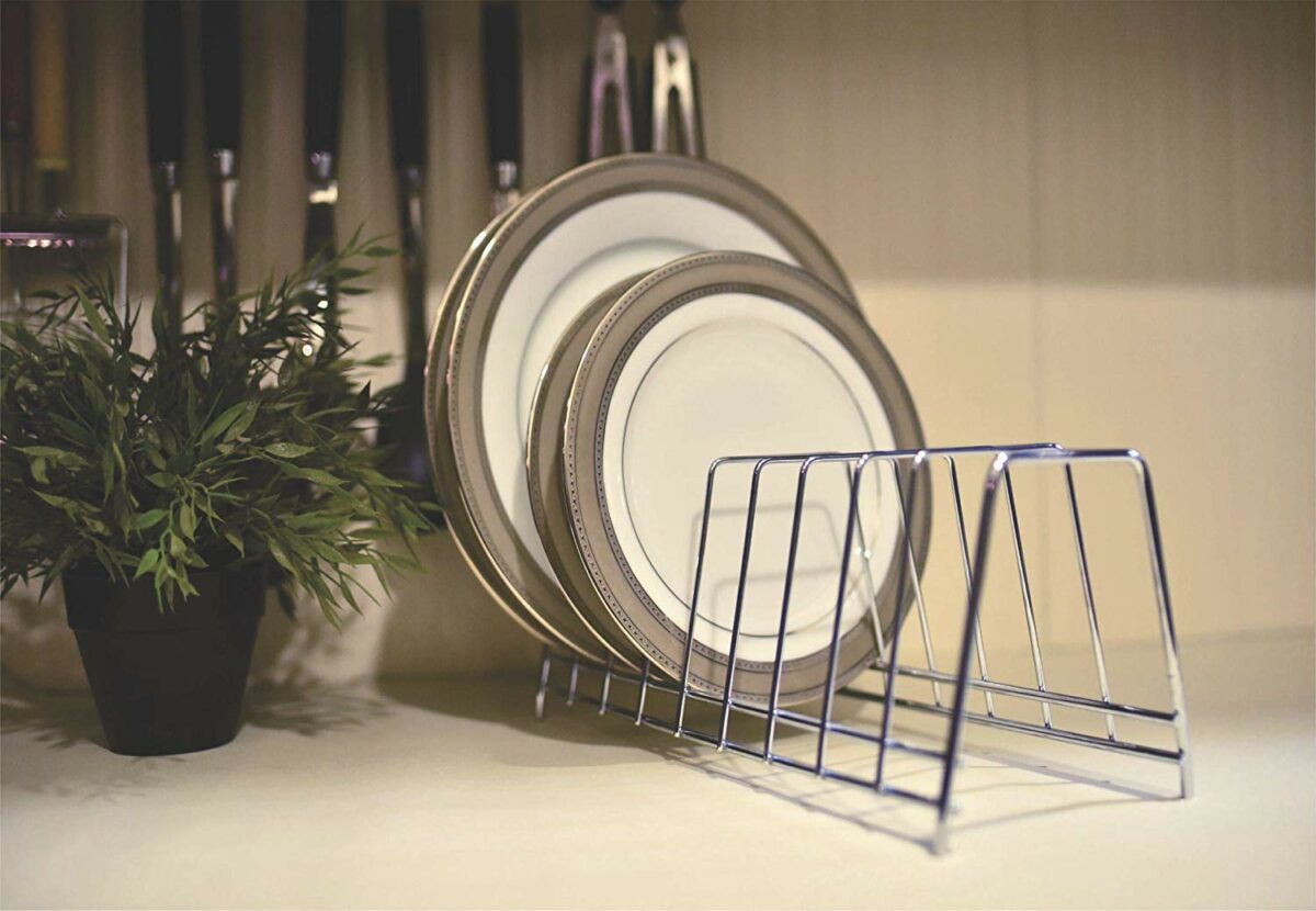 LIFE TIME Multipurpose Chrome Plated Stainless Steel Dish thali Plate Rack Holder Stand for Kitchen Utensil Rack, Pot lid Holder (6 Sections Plate Rack)