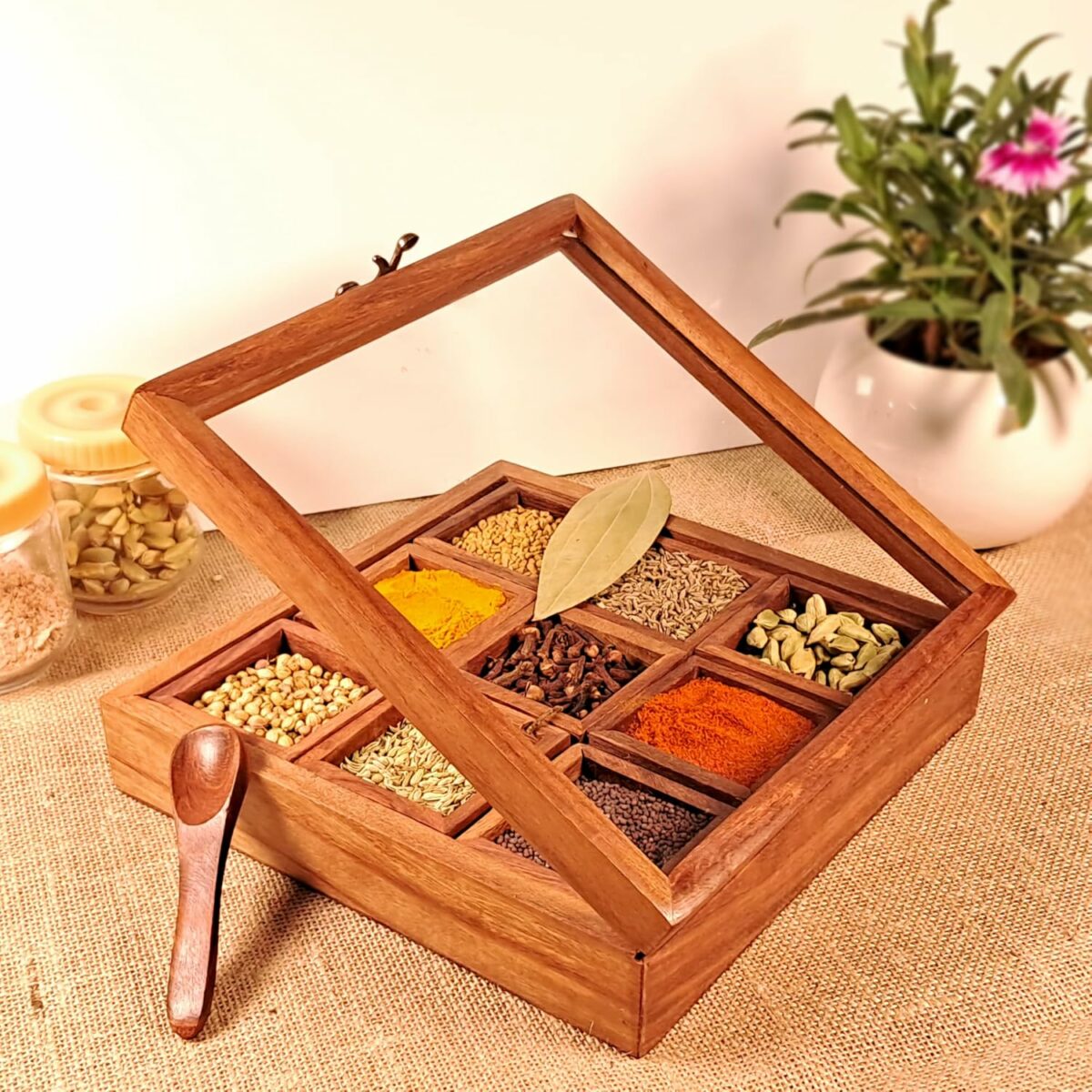 LUXE EEM Sheesham Wooden Spice Box For Kitchen-Decorative Handmade Masala Dabba Organizer With Spoon & 9 Containers-Wooden Masala Box, Wooden Box, Boxes For Kitchen, Wood Spice Box,Wood Box (Brown)