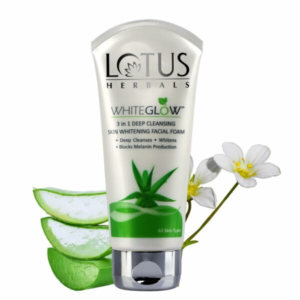 Lotus Herbals Whiteglow 3 In 1 Deep Cleaning Skin Whitening Facial Foam | Chemical Free | With Milk Enzymes & Aloe Vera Gel | For All Skin Types | 50g