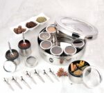 MARU Extra Large 12 in 1 Spice Box for kitchen with Threaded Lids | Masala Box For Kitchen Steel | Masala Container For Kitchen See Through Lid (Size 14 Extra Large 24.5cms) Silver