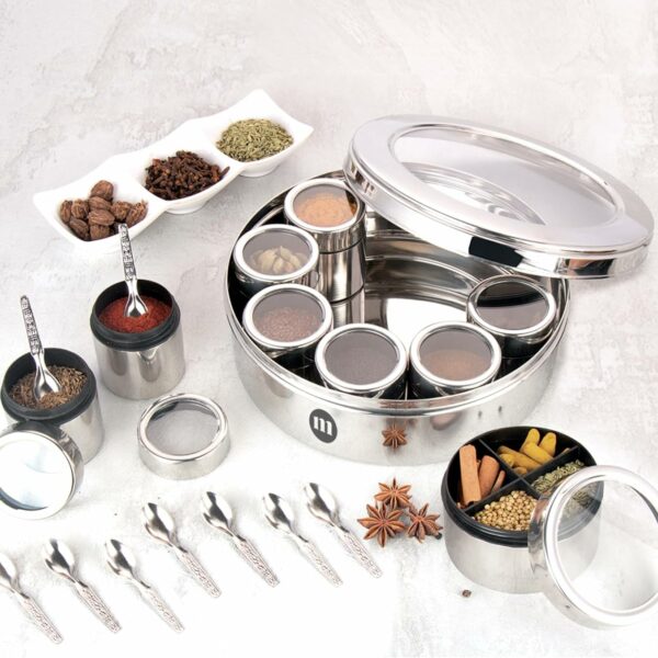 MARU Extra Large 12 in 1 Spice Box for kitchen with Threaded Lids | Masala Box For Kitchen Steel | Masala Container For Kitchen See Through Lid (Size 14 Extra Large 24.5cms) Silver