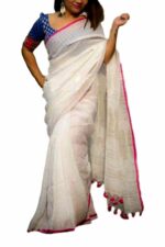 M.S Handloom Women's Linen Saree With Blouse Piece (5212-WH_White)