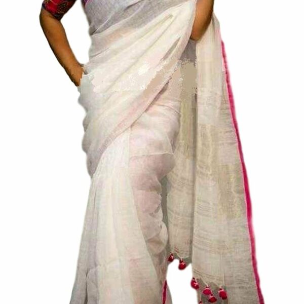 M.S Handloom Women's Linen Saree With Blouse Piece (5212-WH_White)