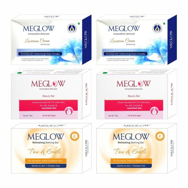 Meglow Soap/Bar Combo Pack of 6 (75g) -for Men & Women|Beauty,Refreshing & Cream Soap|pH Balanced Suitable for all skin type|Make skin Moisturize,Soft & Smoother|Gentle on Skin