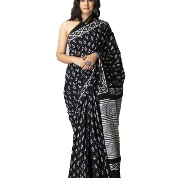 Mulmul Cotton Saree For Women's And Girls Beautiful Block Printed Work Traditional Ethnic Wear Black Colour Saree With Blouse Piece For All Occasions Saree BY CRAFT MUSIUM