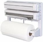 NILAM Enterprise 3-in-1 Plastic Wrap and Aluminum Foil Dispenser with Cutter & Paper Towel Holder | Triple Paper Roll Organizer for Cling Film, Tin Foil, and Wax Paper | Kitchen Spice Rack Included