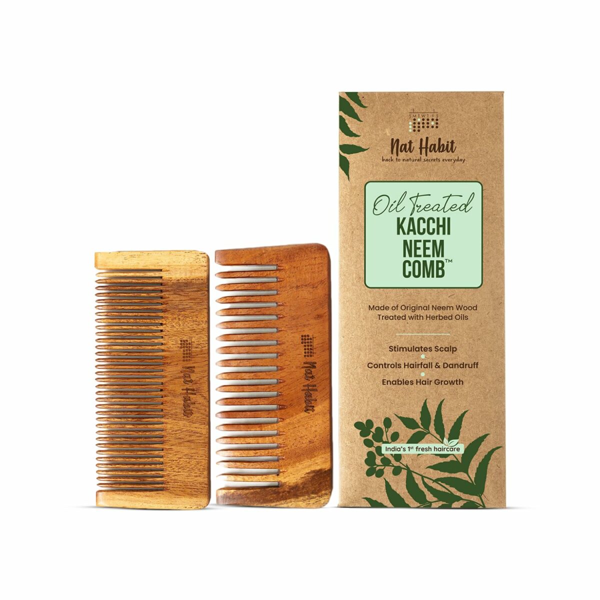 Nat Habit Kacchi Neem Comb Fine Tooth Styling & Wide Tooth Shampoo Combo, Soaked In 17 Herbs, Neem & Sesame Oil, For Post Shampoo Detangling & Daily Styling, Suited For Short & Long Hair (Small Size)