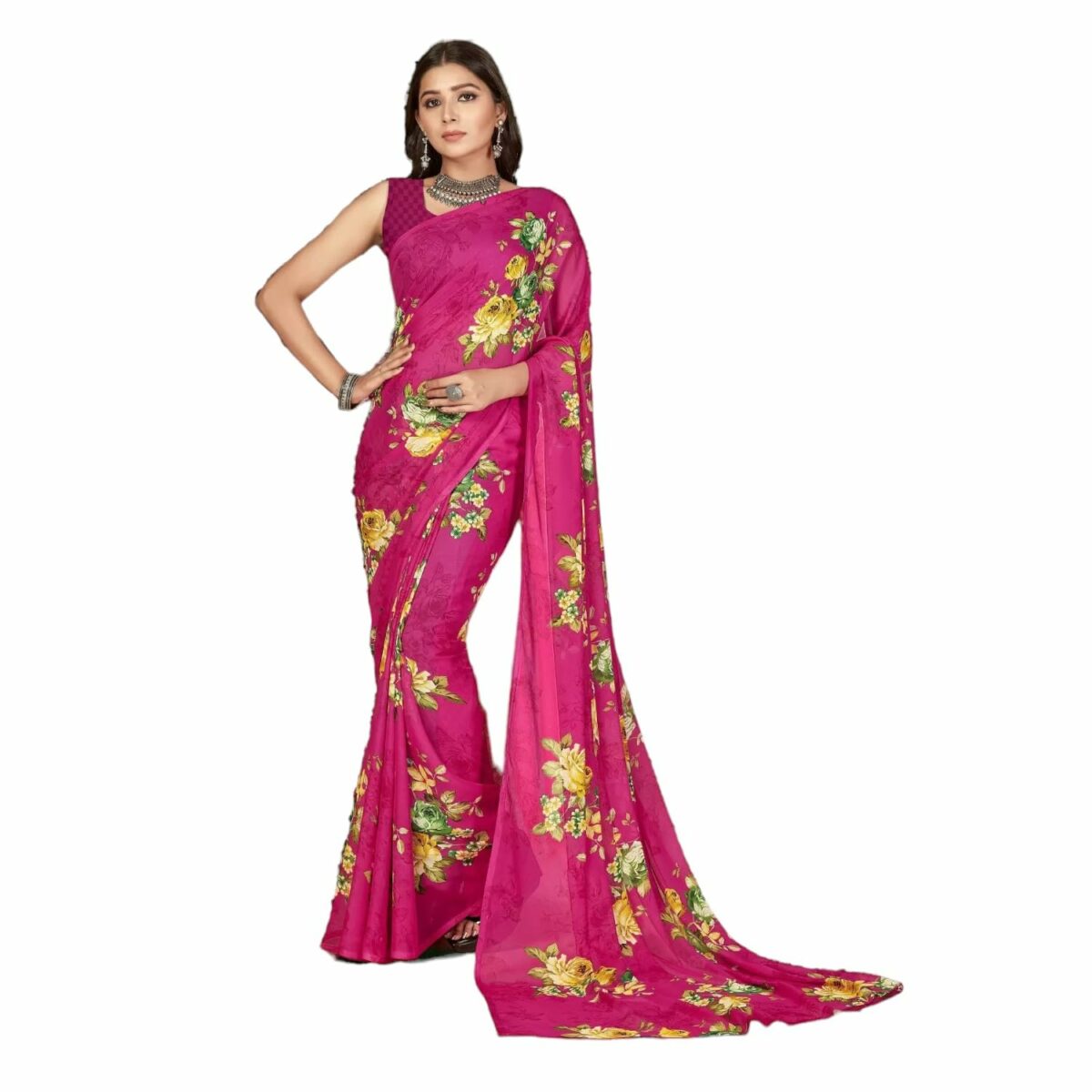 Nirmohi Fashion Vibrant Women's Bollywood Flower Printed Georgette Saree