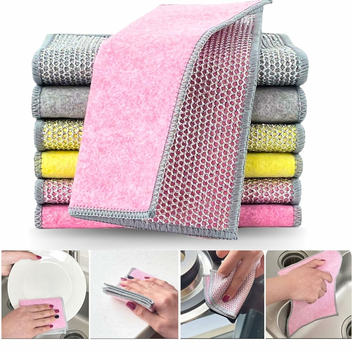 Non Scratch Dish Wash Cloth - Multipurpose Dual Side Wire & Microfiber Dishwashing Rags for Wet and Dry, Easy Rinsing, Reusable Cleaning Cloth for Kitchen, Sinks, Pot & Pans, Multicolor (Pack of 3)