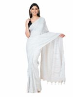 OCAU Women's Plain Weave Handloom Striped White and Grey Pure Cotton Saree With Blouse Piece For Casual Wear And Office Wear