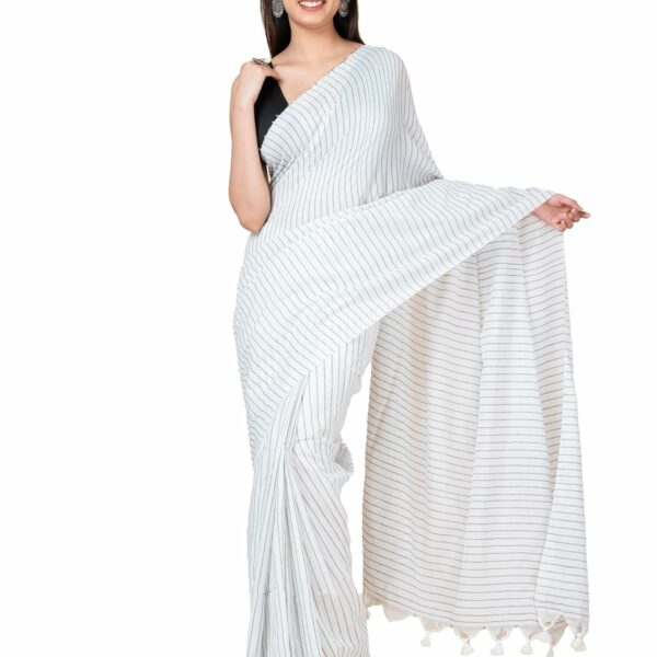 OCAU Women's Plain Weave Handloom Striped White and Grey Pure Cotton Saree With Blouse Piece For Casual Wear And Office Wear