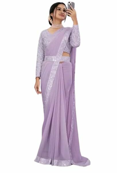 ONTIC Women Embroidered Bollywood Chiffon Saree (Purple, Pink)