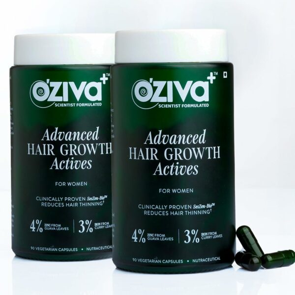 OZiva+ Advanced Hair Growth Actives | Reduces Thinning Hair & Improves Scalp Coverage | Scientist Formulated with Pure Plant Actives | No side effects | 90 Caps (Pack 2)