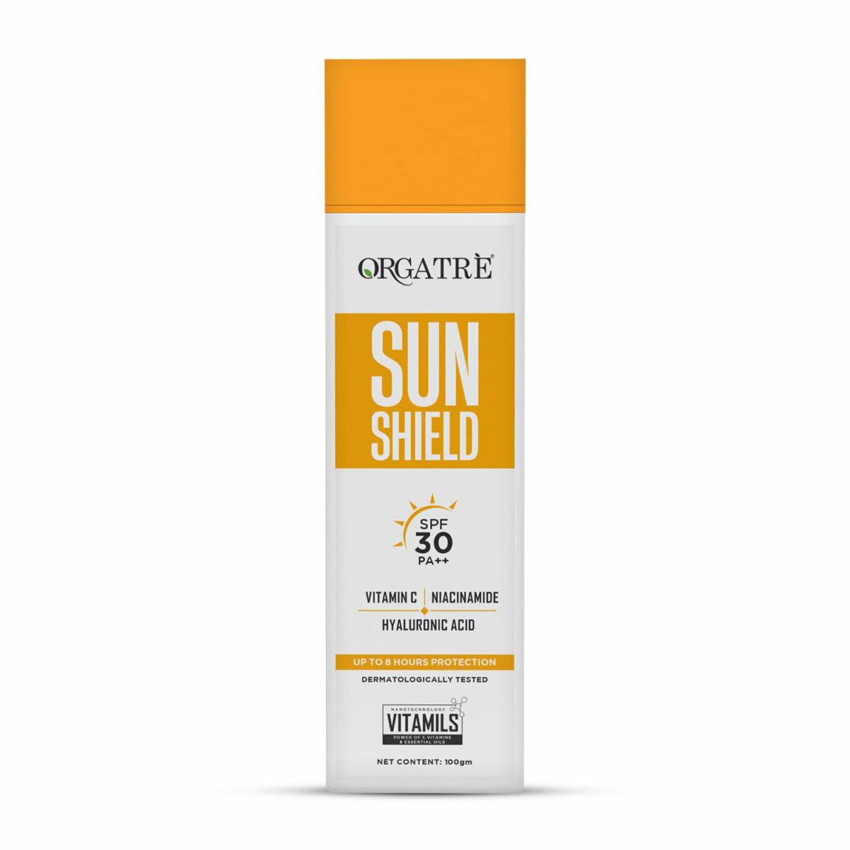 Orgatre Sunscreen SPF 30 PA++ | Sun Shield | Lightweight, No White Cast | Vitamin C, Niacinamide & Hyaluronic Acid | Broad Spectrum UVA/UVB Protection | Non-Greasy, Water Resistant, Up to 8 Hours Protection | Dermatologically Tested | Suitable for All Skin Types | 100g