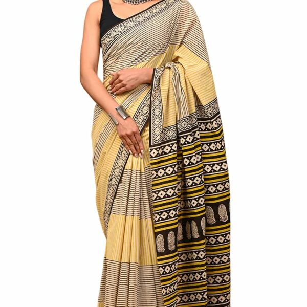 PAHELI JAIPUR Women's Hand Block Mulmul Cotton Saree For Women With Blouse Piece