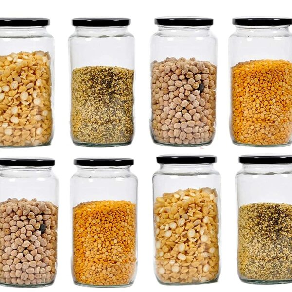 PRAMUKH FASHION 1000 ml Glass Jar with Air Tight Black-Lid for Kitchen Dried Masla Storage Jar,Honey Jar,Jar and Container,Spice Masala Jar,Glass,Visible Glass Jar for Kitchen Storage Pack of 6