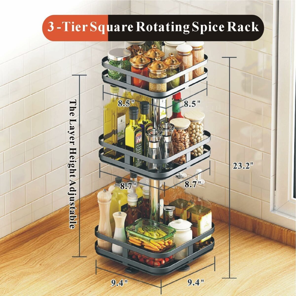 PYXBE 2 Tier 360° Tabletop Rotating Kitchen Rack, Kitchen Pantry Storage Organizer, Spice Rack Organizer, Kitchen Organizer Items And Storage, Spice Rack Set For Kitchen Storage (Square) (Square, 3)