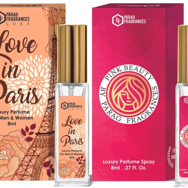 Parag Fragrances Love in Paris & Pink Beauty Luxury Perfume Combo (8ml x 2pc) Long Last, Imported, Pocket & Purse Friendly, Reusable Perfume Spray For Men & Women