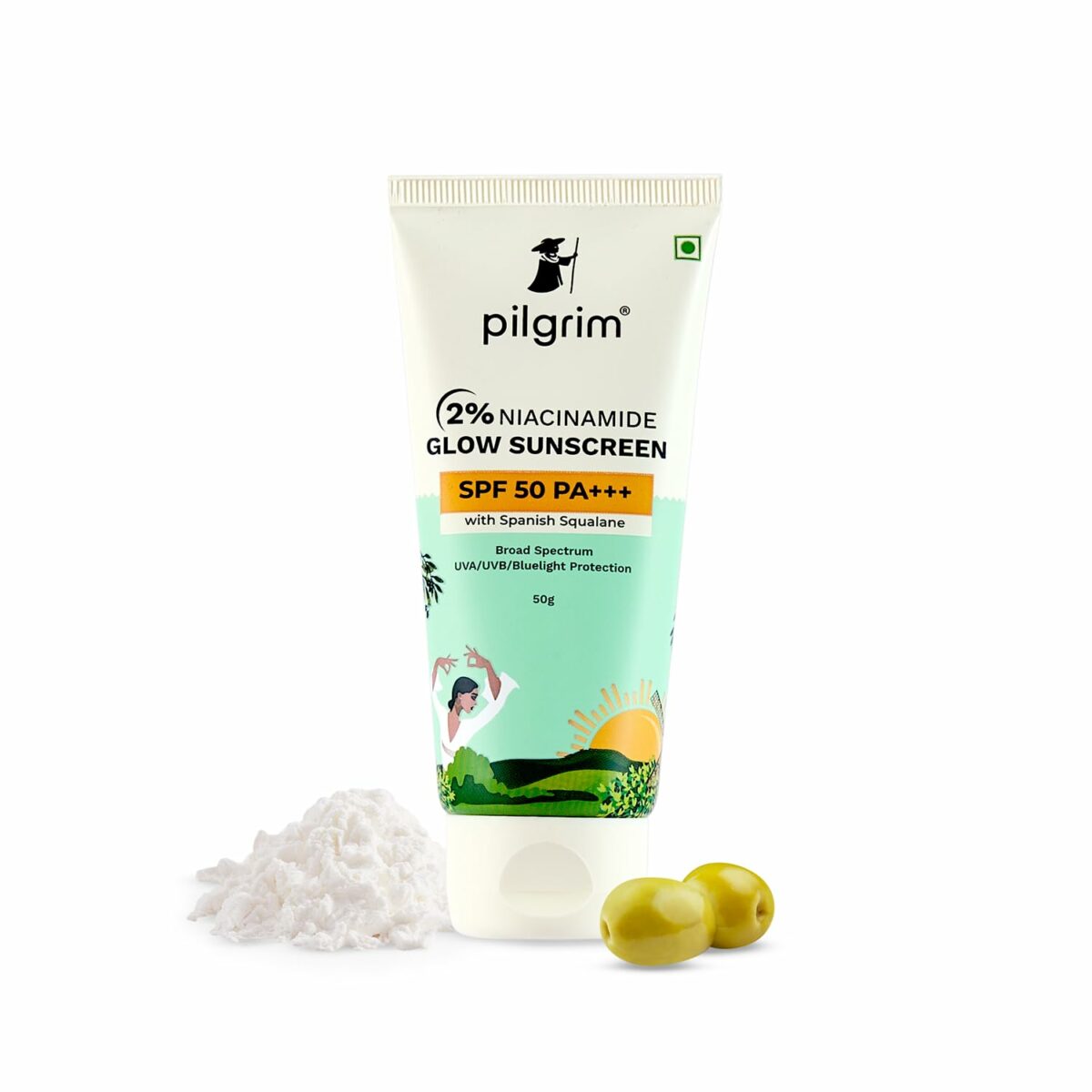 Pilgrim 2% Niacinamide Glow Sunscreen SPF 50 +++ for men and women with Spanish Squalane | Enhances Glow, Broad spectrum, Non-greasy, No white cast & Prevents Tanning | All skin types | 50 gm