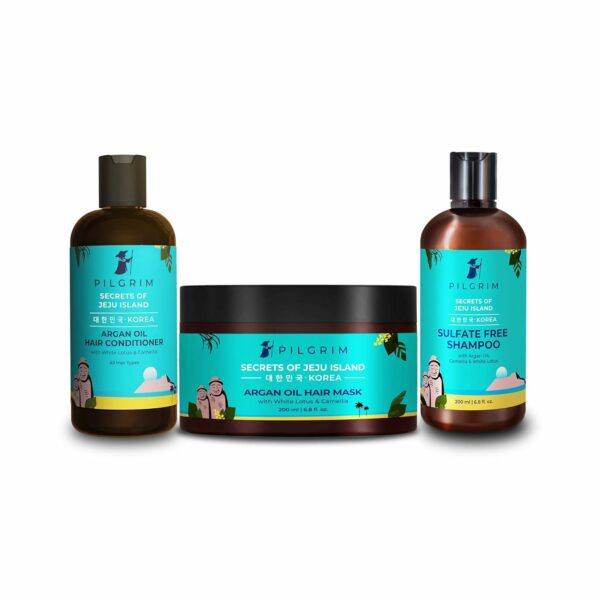 Pilgrim Jeju Hair Care Trio Set | Volcanic Lava Ash Sulfate Free Shampoo, Argan Oil Hair Mask,Argan Oil Hair Conditioner 200ml | All Skin | Men and Women | Korean Beauty Secrets