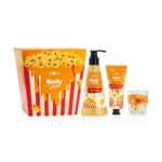 Plum BodyLovin' Caramel Popcorn & Chill Gift Set | SLS-Free Body Wash, Non-Greasy Hand Cream & Long Lasting Scented Candle | Warm Caramel Fragrance | Unique Popcorn Tub Kit | Perfect Gifting Option