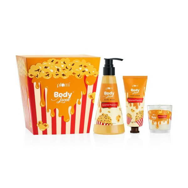 Plum BodyLovin' Caramel Popcorn & Chill Gift Set | SLS-Free Body Wash, Non-Greasy Hand Cream & Long Lasting Scented Candle | Warm Caramel Fragrance | Unique Popcorn Tub Kit | Perfect Gifting Option