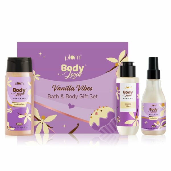 Plum BodyLovin' Vanilla Vibes Bath & Body Gift Set | Body Wash | Body Mist | Body Oil | Long-Lasting Warm Vanilla Fragrance | Gift Set For Women | Gifting For Birthday, Valentine's, Anniversary, Rakhi & Special Occasions| Premium Gift Packaging | Pack Of 3