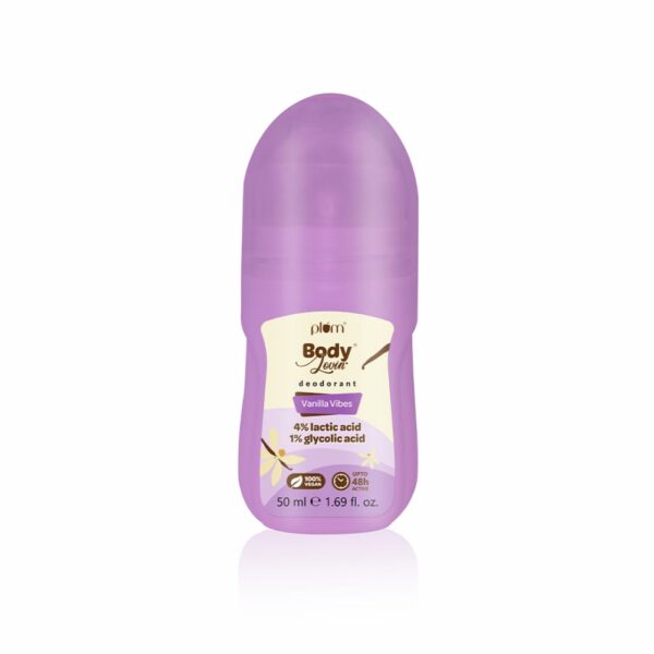 Plum BodyLovin' Vanilla Vibes Deodorant Roll On | 4% Lactic Acid & 1% Glycolic Acid | Controls Odor & Fades Underarm Darkness | 48 Hr Freshness| Warm Vanilla Fragrance | Aluminium-Free (50 ml)