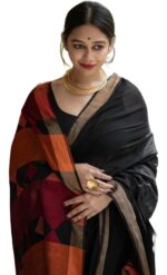 RADHA LAKSHMI Women's Kanjivaram Soft Banarasi linen cotton Silk Saree With Blouse piece(AG black rainbow)