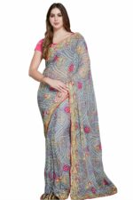 RANI SAAHIBA Women's Bandhani Embroidered Chiffon Saree With Blouse