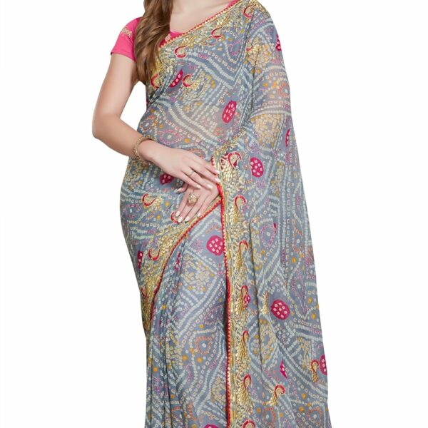 RANI SAAHIBA Women's Bandhani Embroidered Chiffon Saree With Blouse